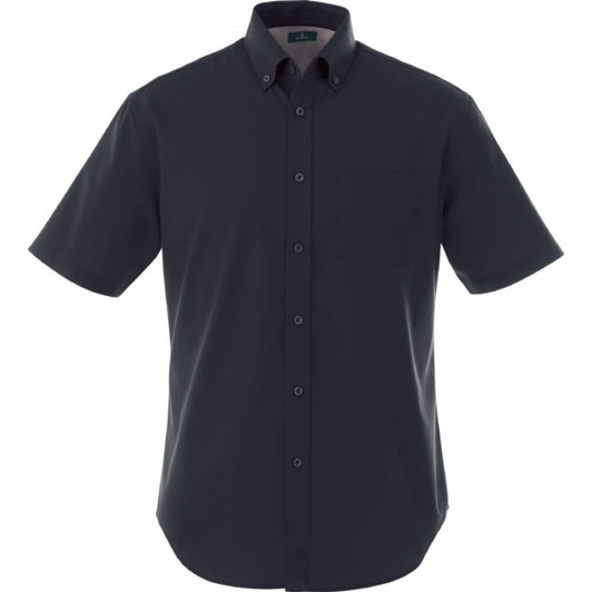 A black short sleeve button-up shirt for men, featuring a single chest pocket and a logo.