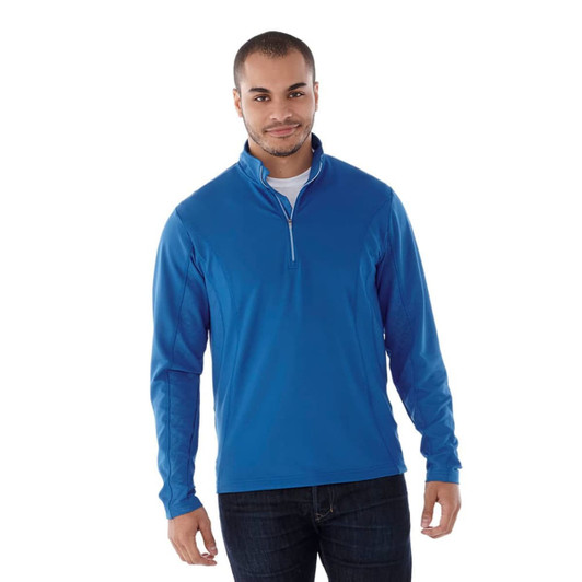 A men's knit quarter zip jumper in blue, featuring long sleeves and a branded logo on the front.