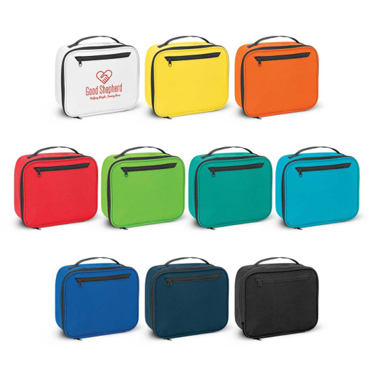 A selection of Zest Lunch Cooler Bags in yellow, orange, red, green, teal, blue, navy, and black, featuring a logo.