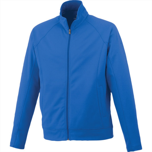 A blue knit jacket with a zip front and a stand-up collar, featuring side pockets and branding on the chest.
