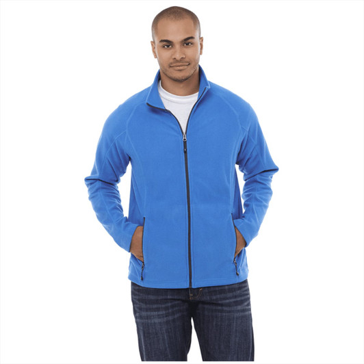 A blue Rixford Polyfleece Jacket for men, featuring a zip front and side pockets, with a logo on the chest.