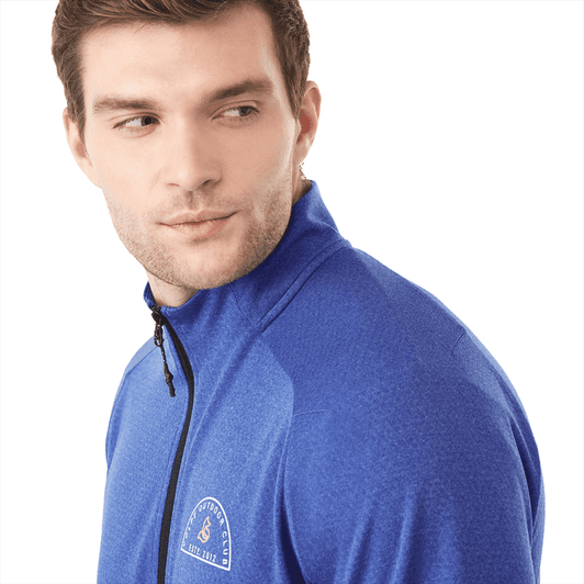 A blue eco knit jacket for men featuring a zip closure and a logo on the chest.