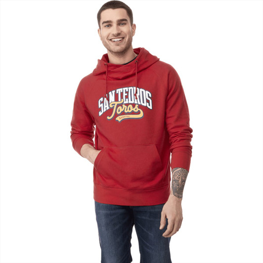 A red fleece hoody with a front pocket and a logo, worn by a smiling man.