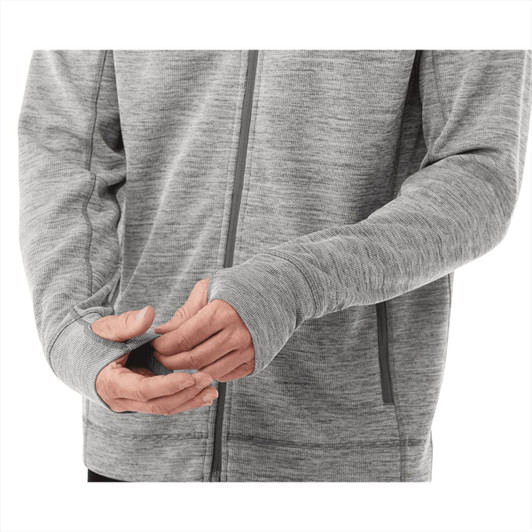 A grey knit zip hoody with a zip front and thumbholes on the cuffs. It has a logo on it.