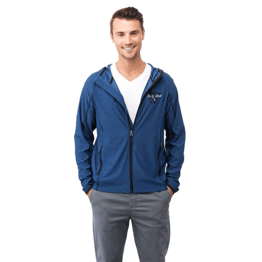 A men's knit jacket in blue with a hood and a front zipper, featuring a logo on the chest.