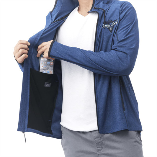 A men's Kaiser Knit Jacket in blue, featuring an open front and visible inner pocket with a phone inside.