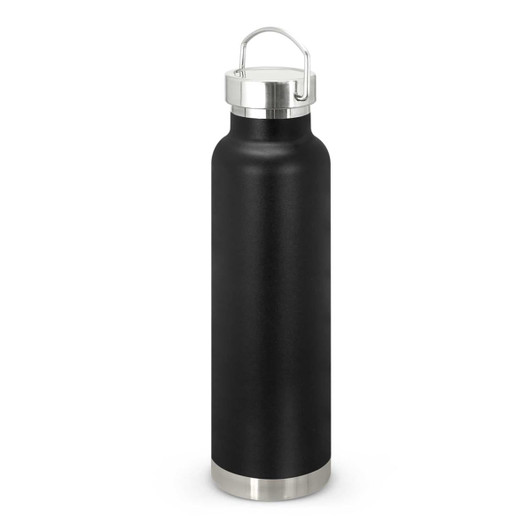 A drink bottle featuring a sleek black design with a stainless steel bottom and a secure lid with a handle.