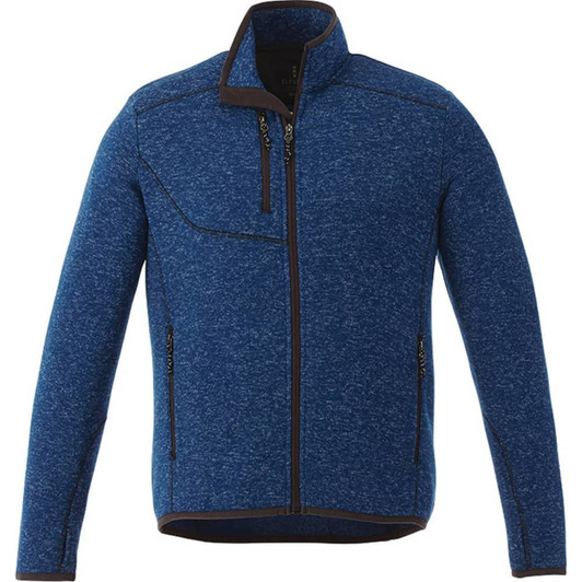 A men's knit jacket in blue with a zippered front and pockets, featuring a logo on the chest.