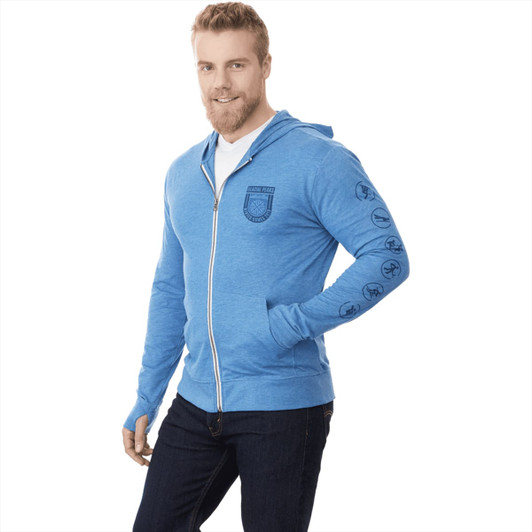 A blue full zip hoodie for men with a logo on the chest and designs on the sleeves.