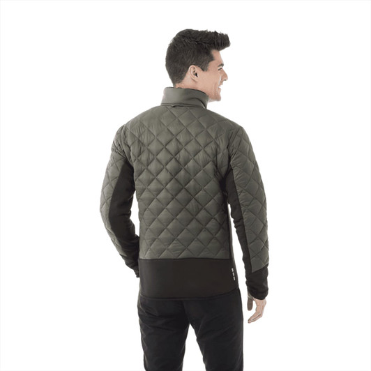 A men's Rougemont Hybrid Insulated Jacket in olive green, featuring a quilted design and a logo on the back.