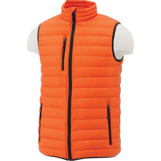 An orange light down vest featuring a front zip and two side pockets, displayed on a mannequin.