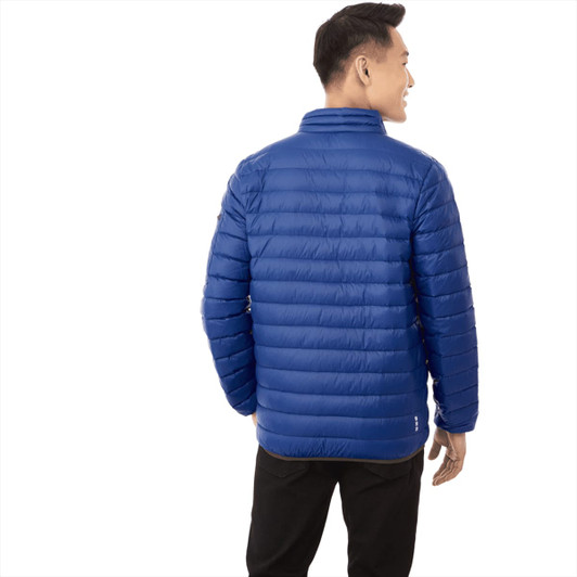 A blue puffer jacket is displayed, featuring a sleek design and a branded logo. The model is seen from the back.
