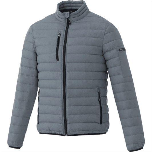 A men's puffer jacket in grey with zippered pockets and a logo on the sleeve.