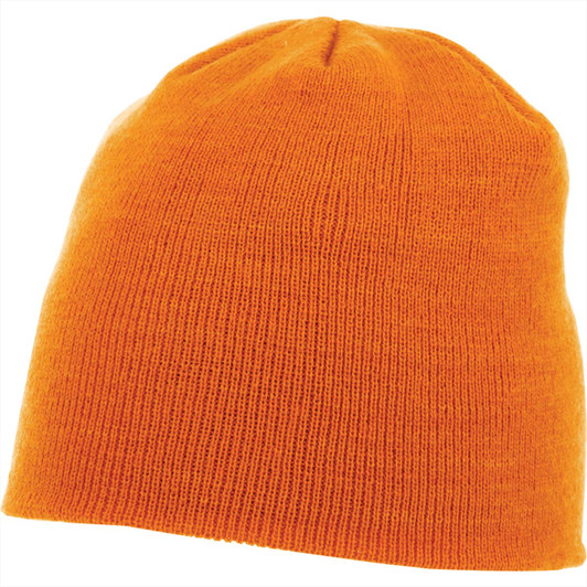 An orange unisex knit beanie with a simple, smooth texture and a fitted design. It features a small branding logo.