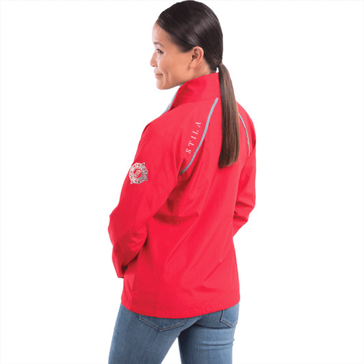 A red women's packable rain jacket with a logo on the sleeve and reflective detailing on the back.
