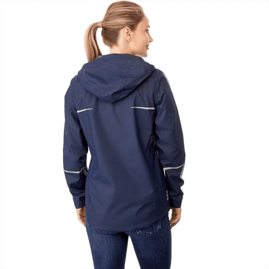 A women's navy rain jacket with a hood and reflective detailing, featuring a logo on the back.