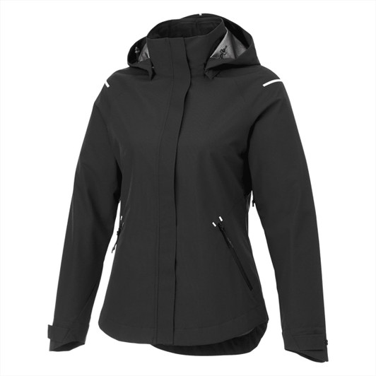 A black women's softshell jacket with a hood, featuring zippered pockets and a logo.