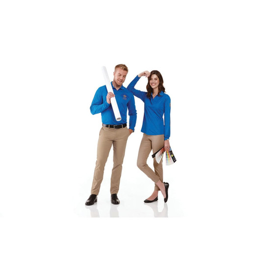 A blue long sleeve polo shirt for women, featuring a logo, paired with beige pants and a stylish pose.