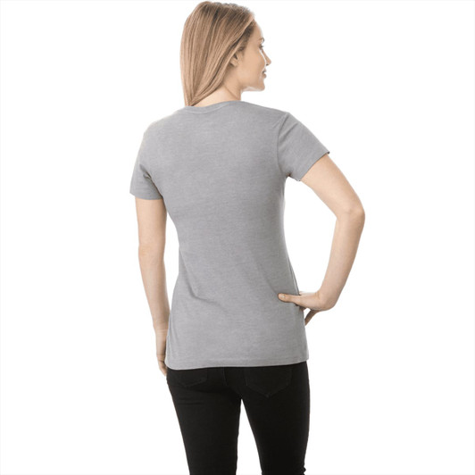 A women's short sleeve tee in grey, featuring a fitted design and a subtle logo at the back.