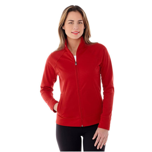 A women's red Okapi knit jacket with a zip front and a slim fit, featuring long sleeves and a logo.
