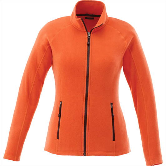 An orange women's polyfleece jacket with a zip front and side pockets, featuring a logo on the chest.