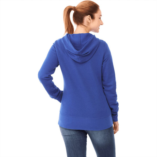 A women's blue Cypress fleece zip hoodie featuring a hood and long sleeves, shown from the back.