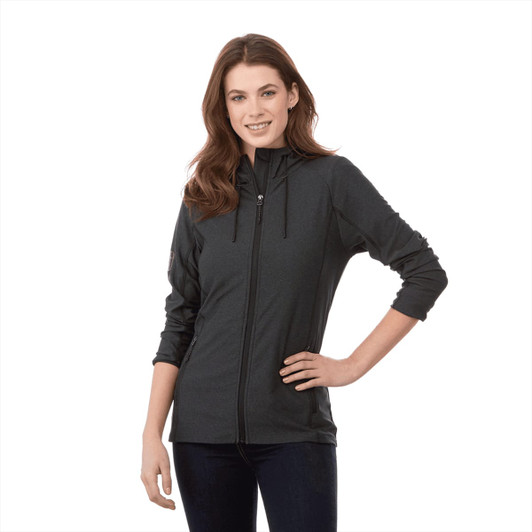 A women’s Kaiser Knit Jacket in dark grey featuring a zip-up front, hood, and a logo on the sleeve.
