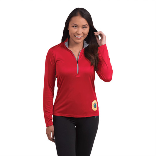 A women's red half-zip jacket with long sleeves, featuring a grey collar and a logo.
