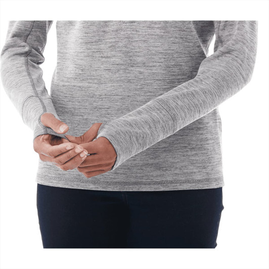 A women's grey knitted jumper with long sleeves featuring thumbholes. The design offers a comfortable fit.