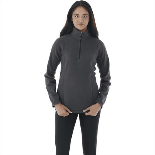 A women's half-zip polar fleece jacket in dark grey, featuring long sleeves and a stand collar. It has a logo.