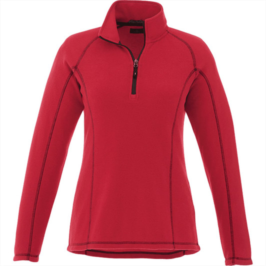 A red women's polar fleece half zip jacket with long sleeves and a zippered collar. It features stitching details and a logo.