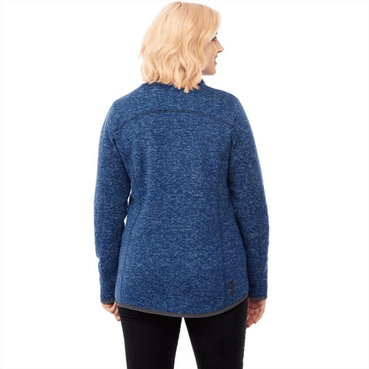 A women's knit jacket in a blue heathered design, featuring a back view with a logo on the hem.