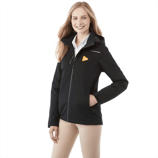 A women's black fleece lined jacket with a hood, featuring a logo and a zippered front.