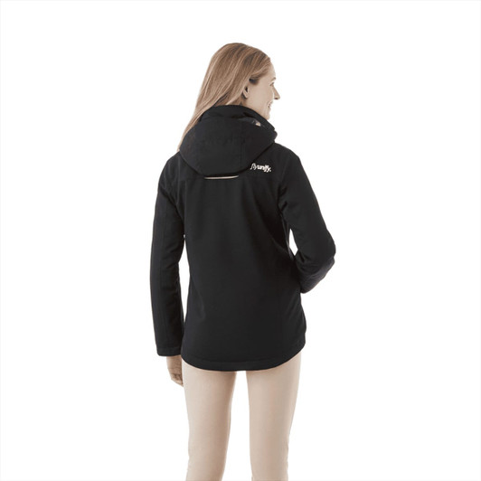A black women's fleece lined jacket featuring a hood and a logo on the back, showcased from the rear.
