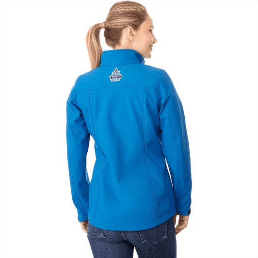 A women's softshell jacket in bright blue, featuring a logo on the back, designed for comfort and style.
