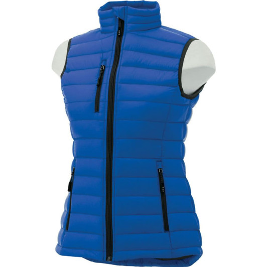 A blue women's down vest with a zip front and two side pockets, featuring a high collar and padded texture.