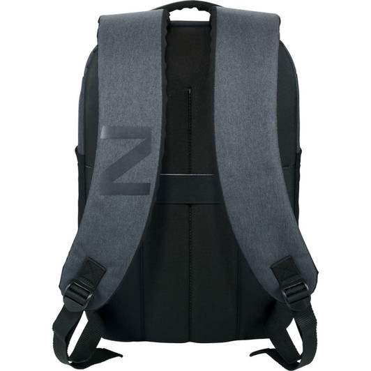 A black and grey laptop backpack featuring padded shoulder straps and a logo.