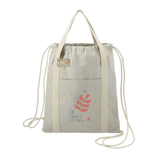 A grey drawstring bag made from recycled cotton, featuring a front pocket and a logo.