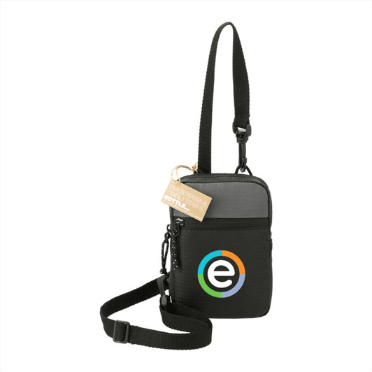 A black crossbody pouch with an adjustable strap and a circular logo. Made from recycled materials.
