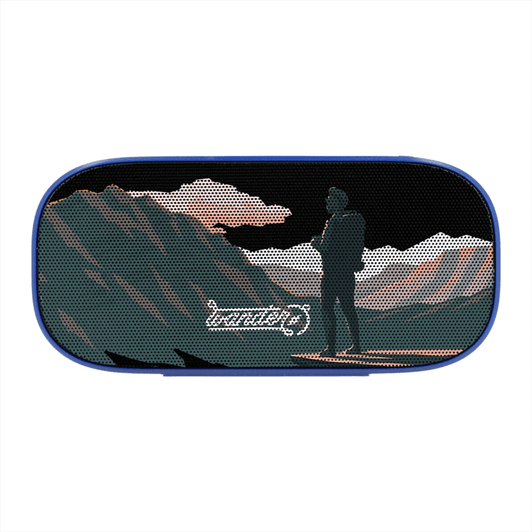 A blue Bluetooth speaker featuring a scenic design of a hiker against mountains and clouds. It has a logo on the front.