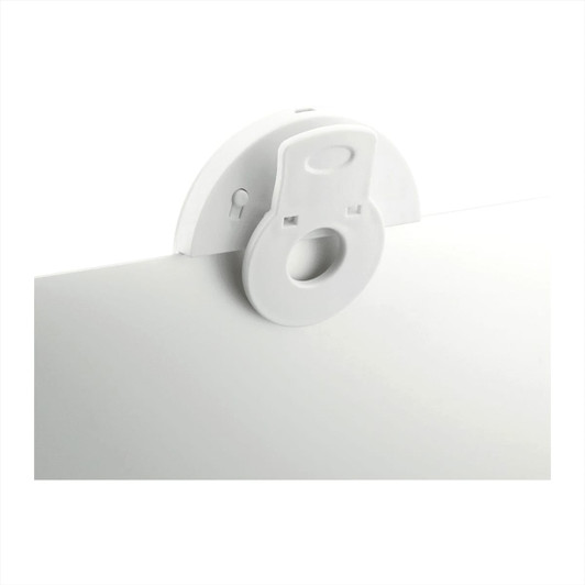 A white LED light attachment for laptops, featuring a circular design with a hook and a USB connector.
