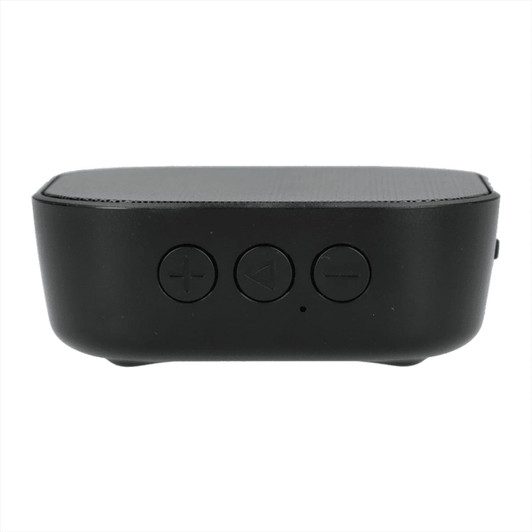 A black Bluetooth speaker with control buttons on the front and a sleek, rectangular design.