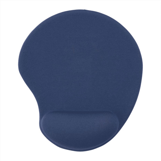 A navy gel mouse pad with a wrist rest, featuring a smooth surface and ergonomic design.
