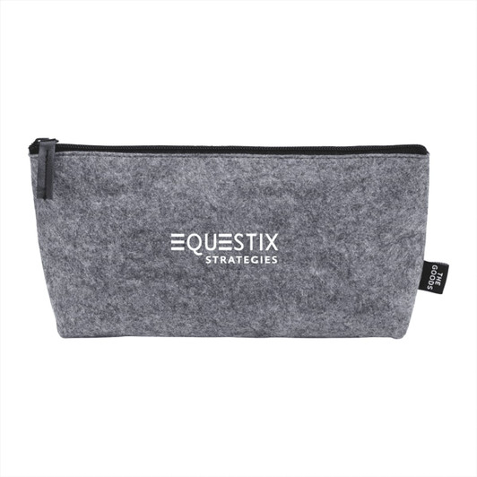 A grey recycled felt zippered pouch with a logo, suitable for storing toiletries and accessories.