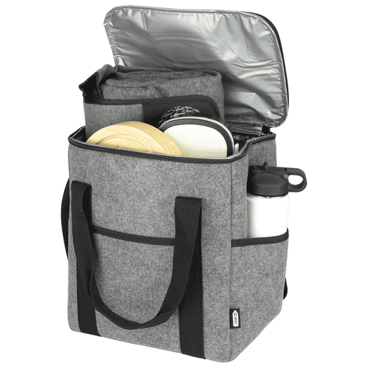 A drink bottle cooler bag in grey felt with black straps, featuring space for plates and utensils inside.