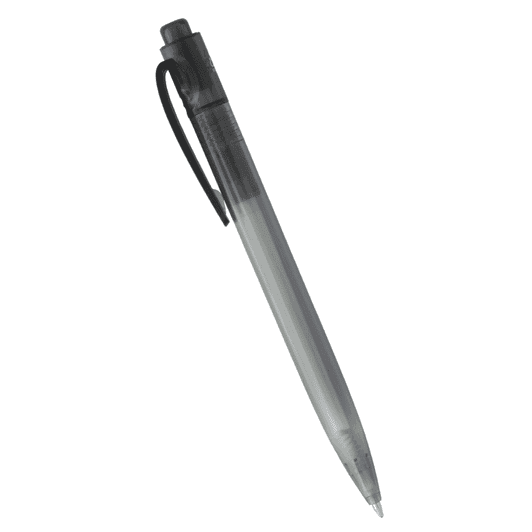 A ballpoint pen made from ocean-bound plastic, featuring a clear barrel and black accents. It includes a clip and branding.