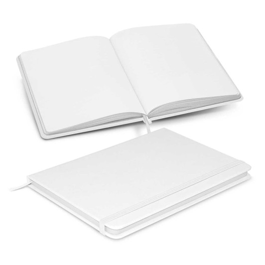 A white unlined notebook with an elastic band and a ribbon marker, featuring a blank open page.