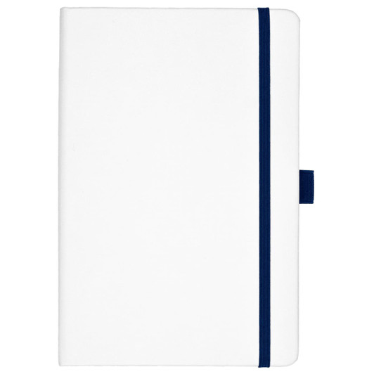 A white bound journal with navy blue accents and a small closure loop, featuring a logo.