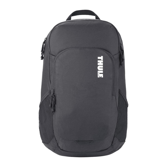 A black Thule Achiever 15 laptop backpack featuring zippered pockets and mesh side panels. It has a logo on the front.