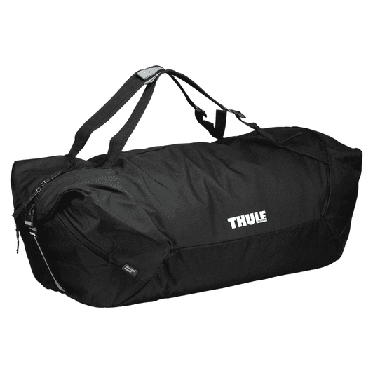 A black duffle bag with a mid blue accent and a logo. It features dual handles and a zippered closure.